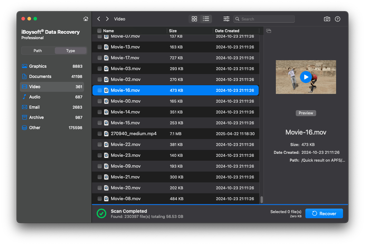 The file type recovery interface of iBoysoft Data Recovery, a data recovery tool that's available on Setapp.